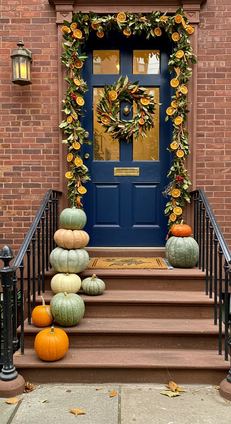 Escalera de casa urbana con calabazas heirloom apiladas y una guirnalda de cítricos en la puerta azul.