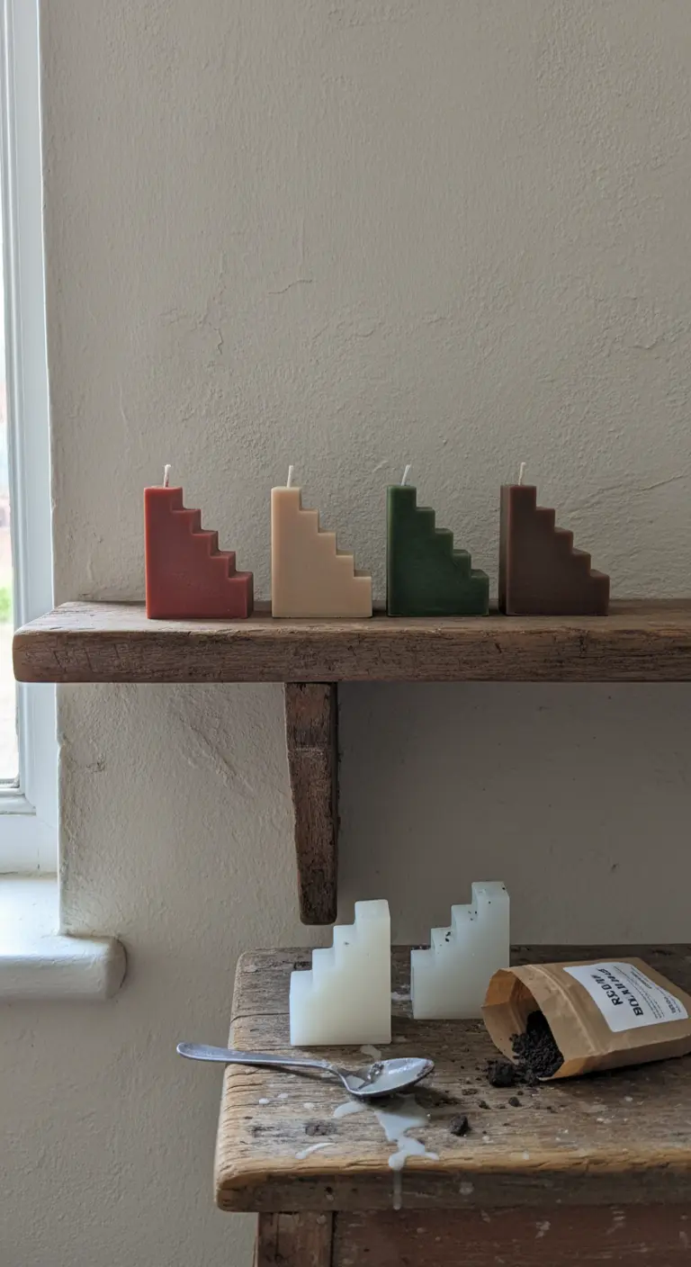 Colección de velas caseras en forma de escalera en diferentes colores tierra sobre una repisa