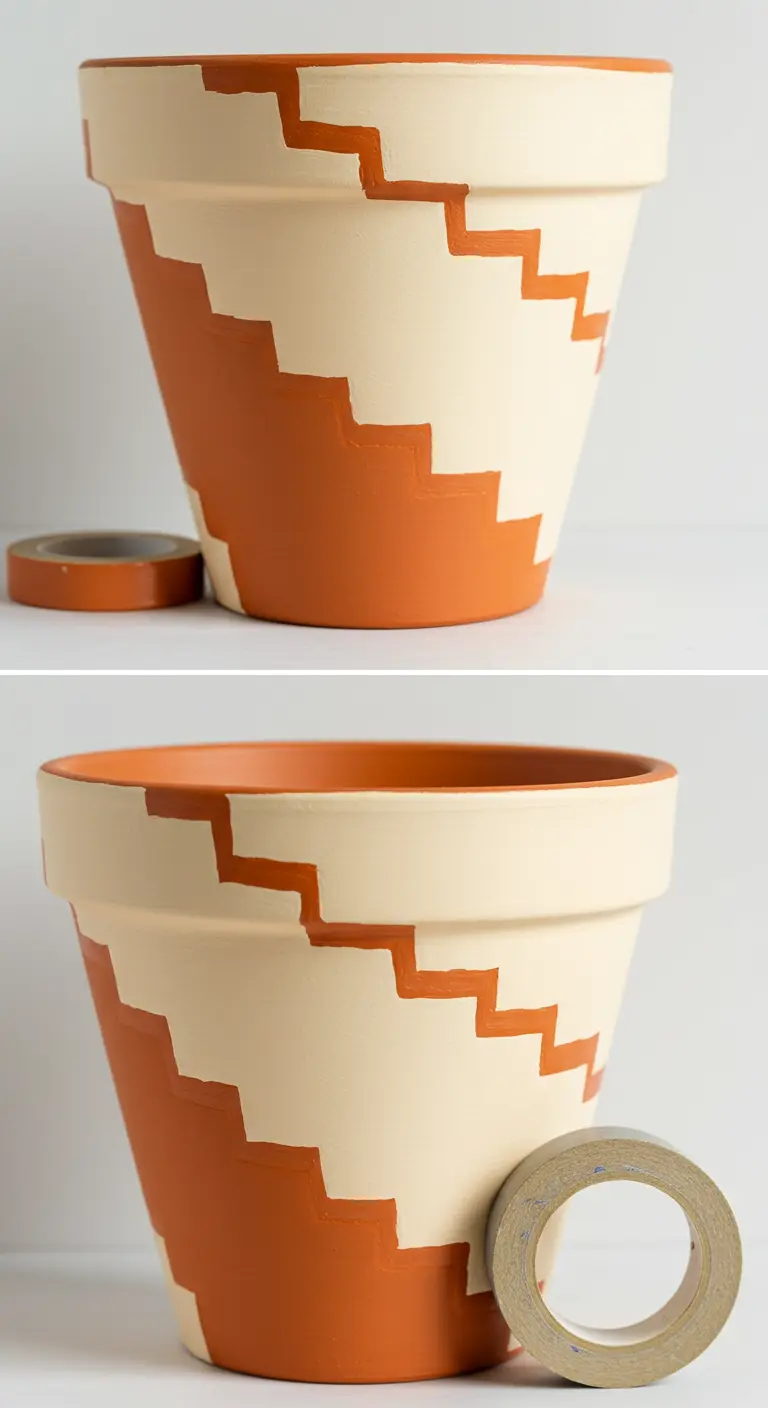 Maceta de terracota con un patrón de escalones en espiral creado con pintura color crema.