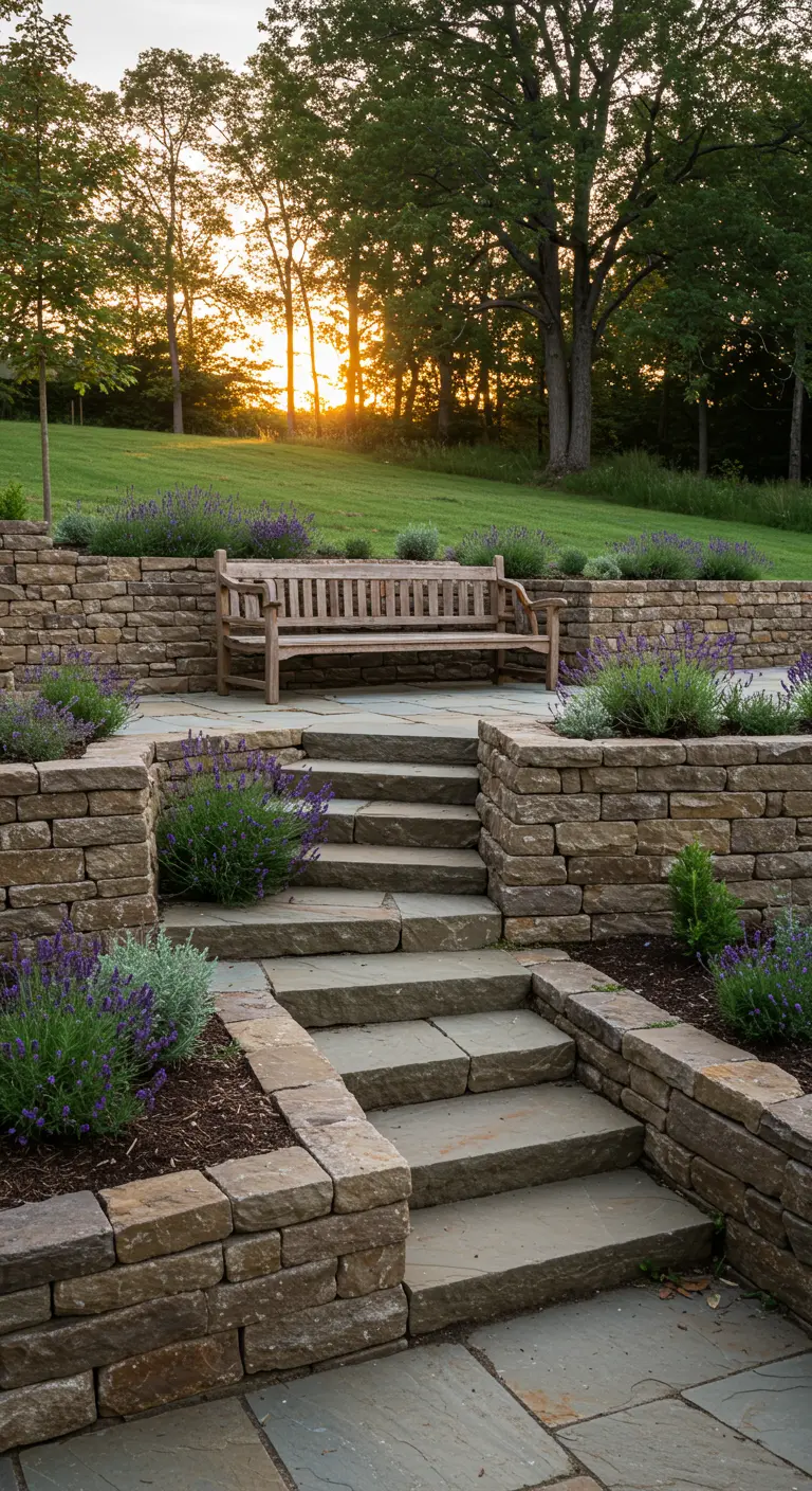 Jardín en terrazas con muros de piedra, escaleras y plantaciones de lavanda, con un banco de madera.
