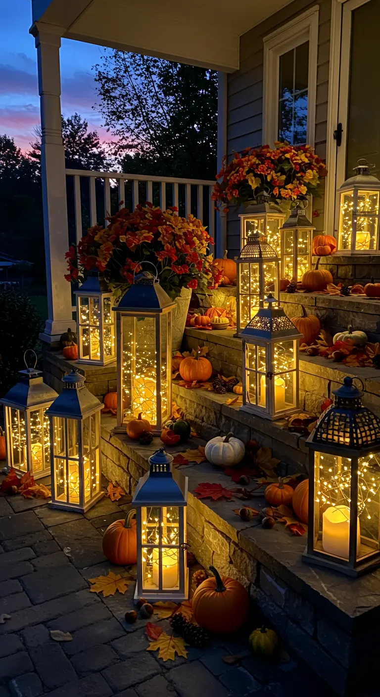 Escalones de porche iluminados al atardecer con múltiples farolillos que contienen luces de hadas y calabazas.