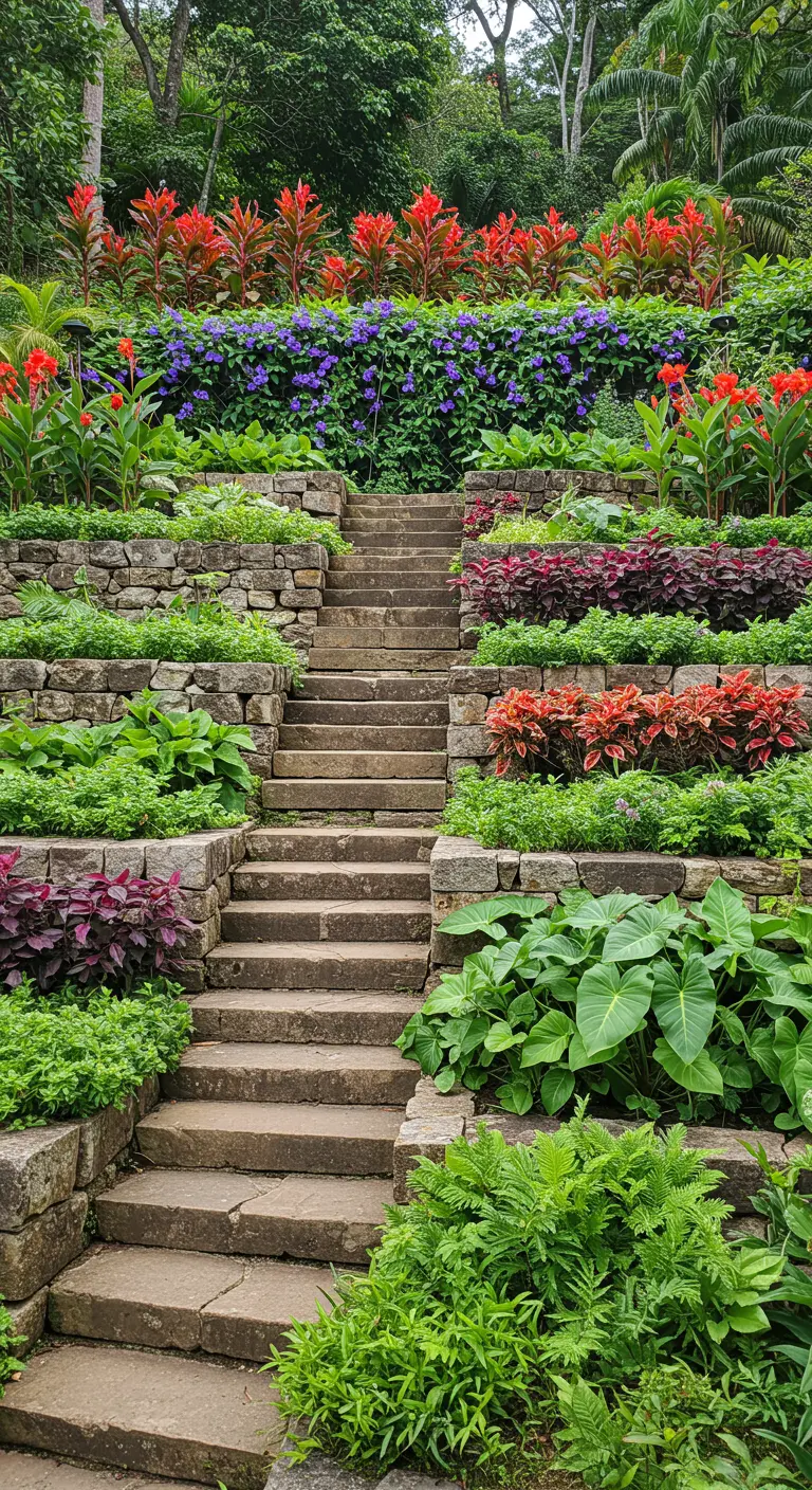 Escalera de piedra en un jardín en pendiente con terrazas llenas de plantas de colores vivos.