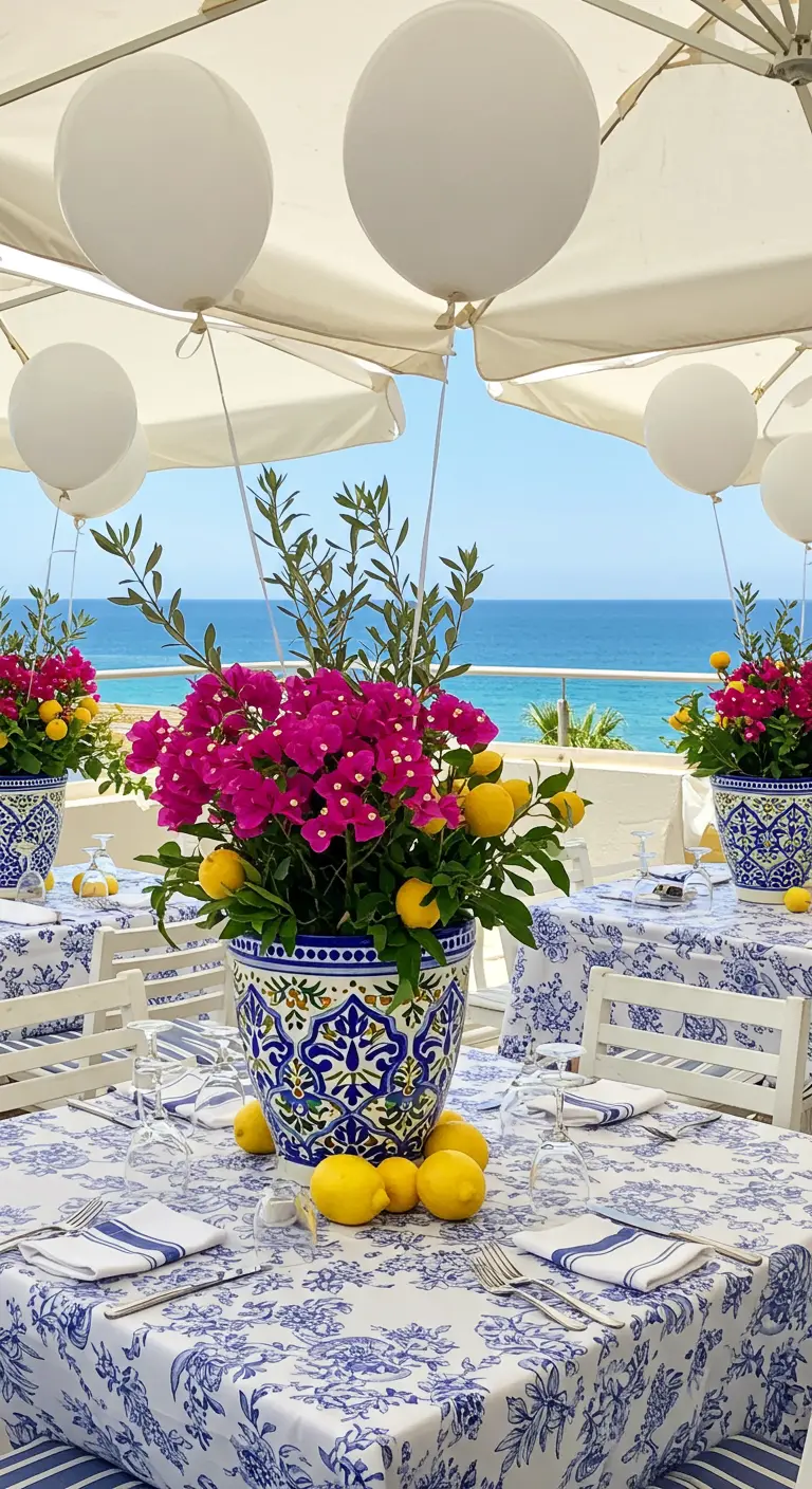 Globos blancos sobre una mesa con mantel azul y blanco y un centro de buganvillas.