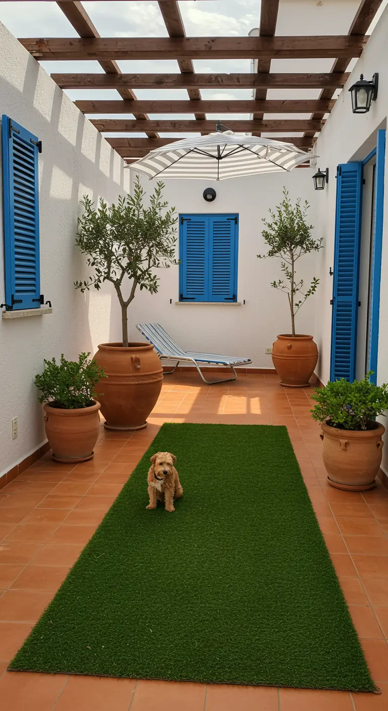 Patio de estilo mediterráneo con paredes blancas, contraventanas azules y una alfombra de césped