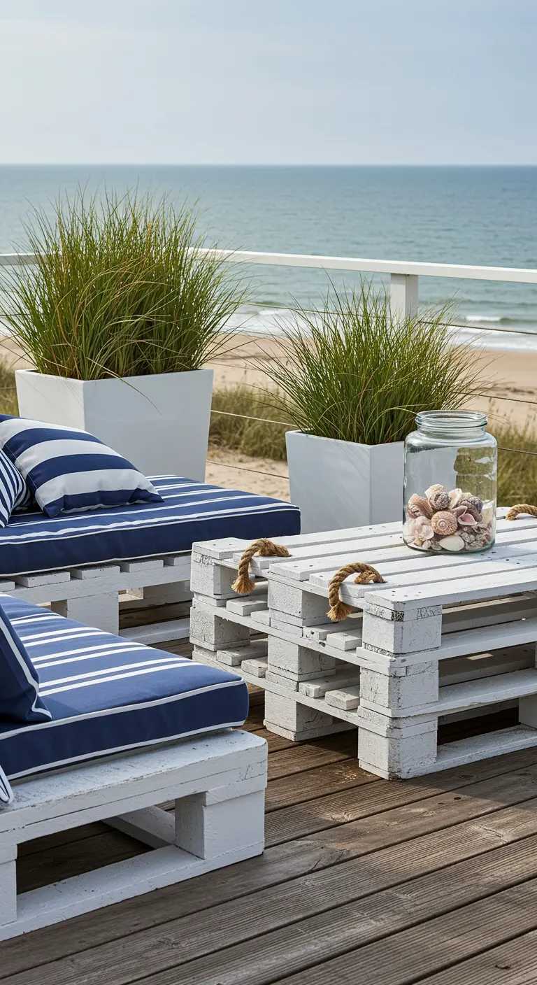Tumbonas y mesa de palets blancos con cojines de rayas azules y blancas en una terraza frente al mar.