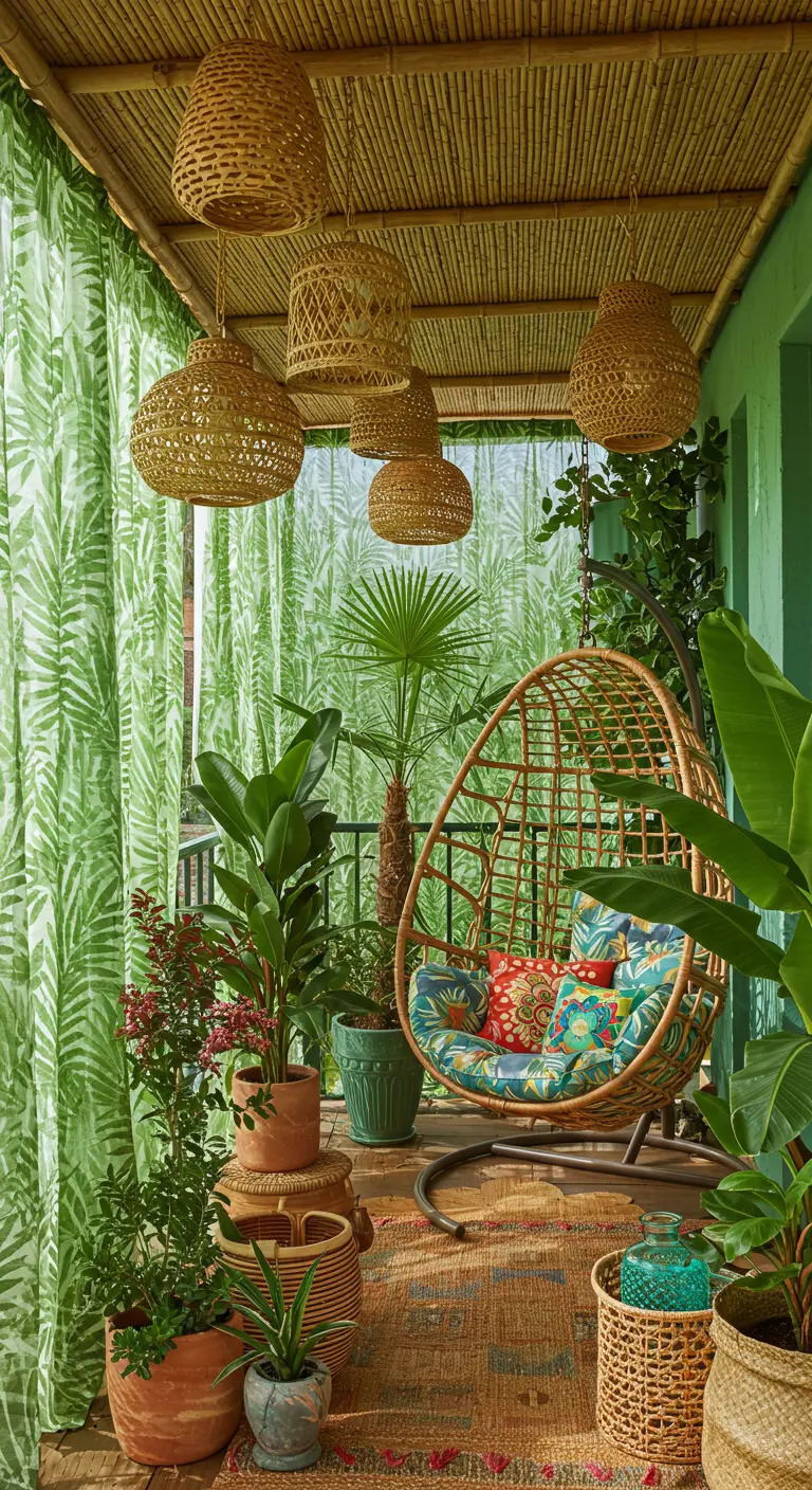 Balcón tropical con techo de bambú, cortinas de hojas, sillón colgante y muchas plantas.