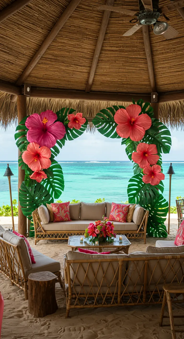Arco de flores de hibisco gigantes y hojas tropicales con vistas al mar turquesa.