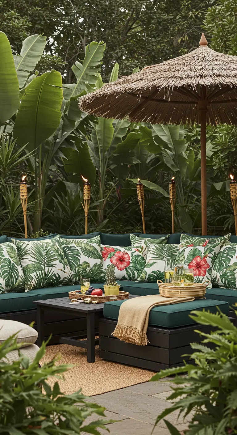 Zona de descanso exterior rodeada de plantas tropicales, con cojines estampados con hojas e hibiscos.