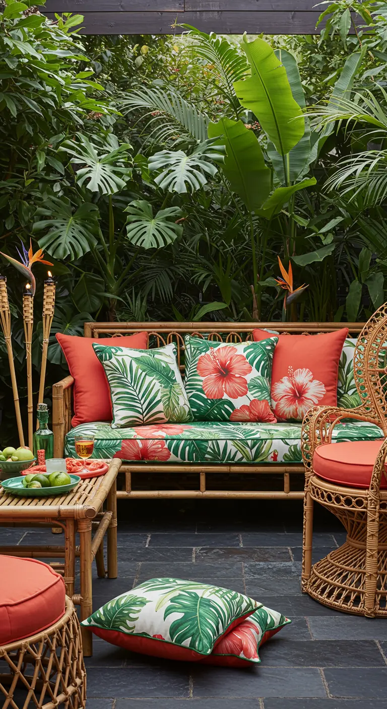 Rincón de patio tropical con muebles de bambú y cojines con estampados de hojas y flores