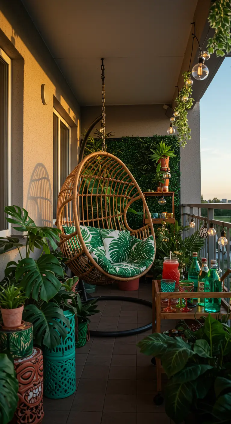 Balcón de estilo tropical con una silla colgante de mimbre y muchas plantas verdes.