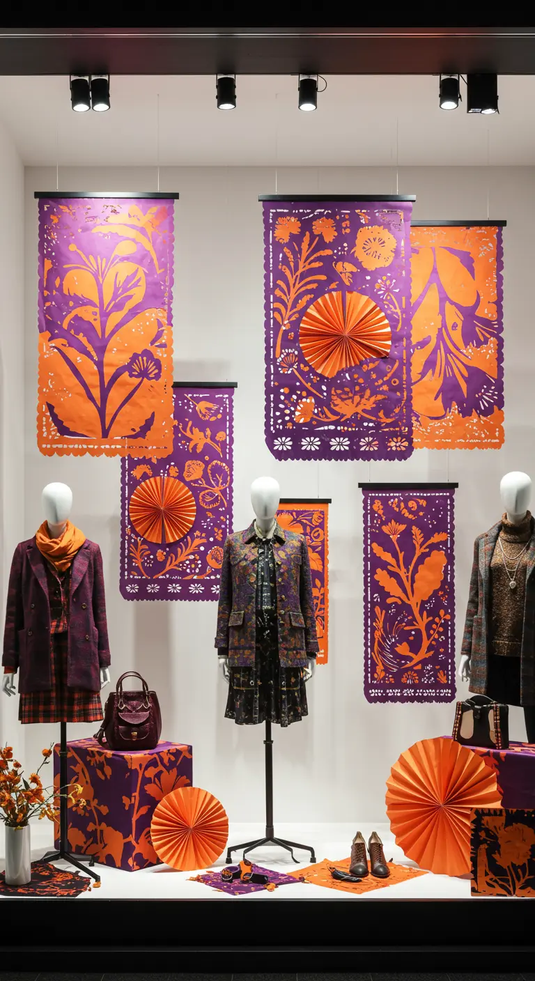 Escaparate de una tienda de ropa con grandes paneles de papel picado como fondo.
