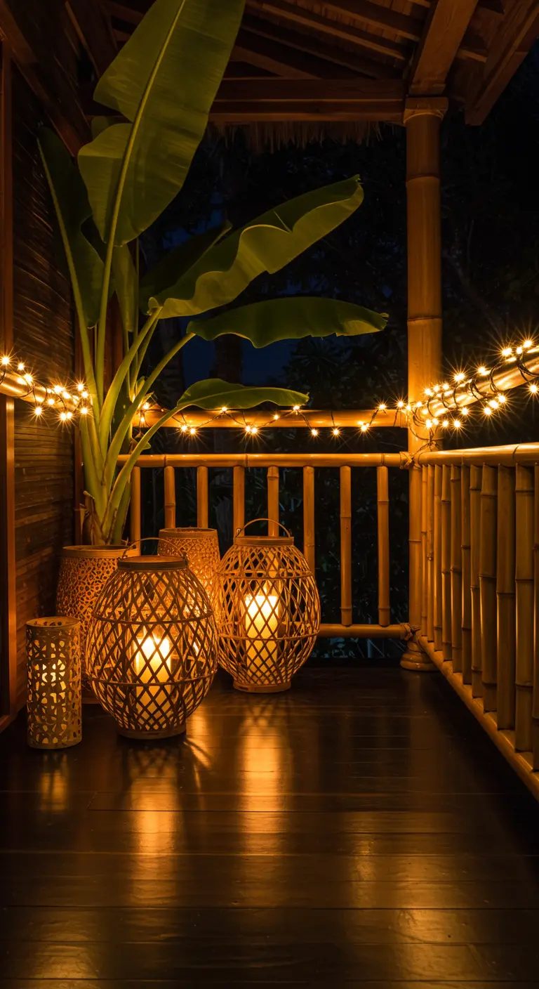 Porche de bambú con faroles de cestería, una planta tropical y guirnaldas de luces.