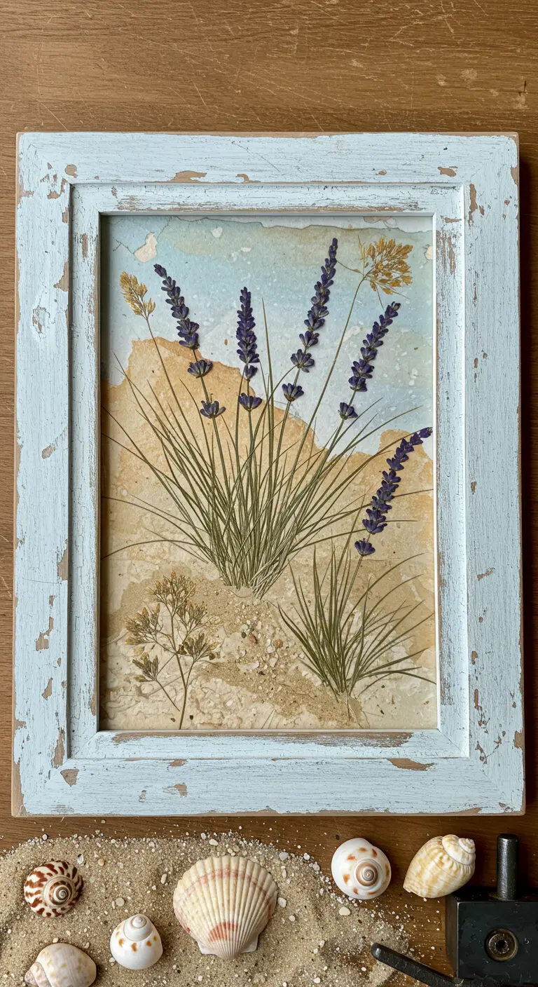 Composición de lavanda prensada sobre un fondo de papel rasgado y arena, en un marco azul desgastado.
