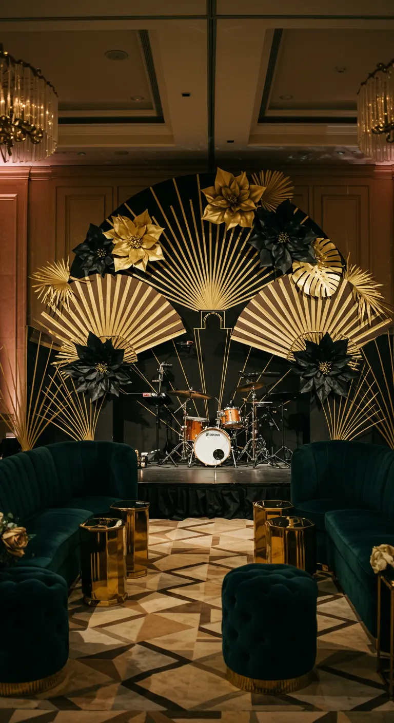 Escenario de fiesta estilo Art Déco con abanicos dorados y flores de papel negras y doradas.