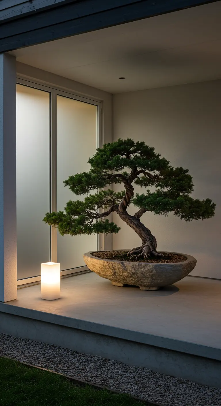 Porche minimalista de hormigón con un gran bonsái en una maceta de piedra y una lámpara de cubo en el suelo.