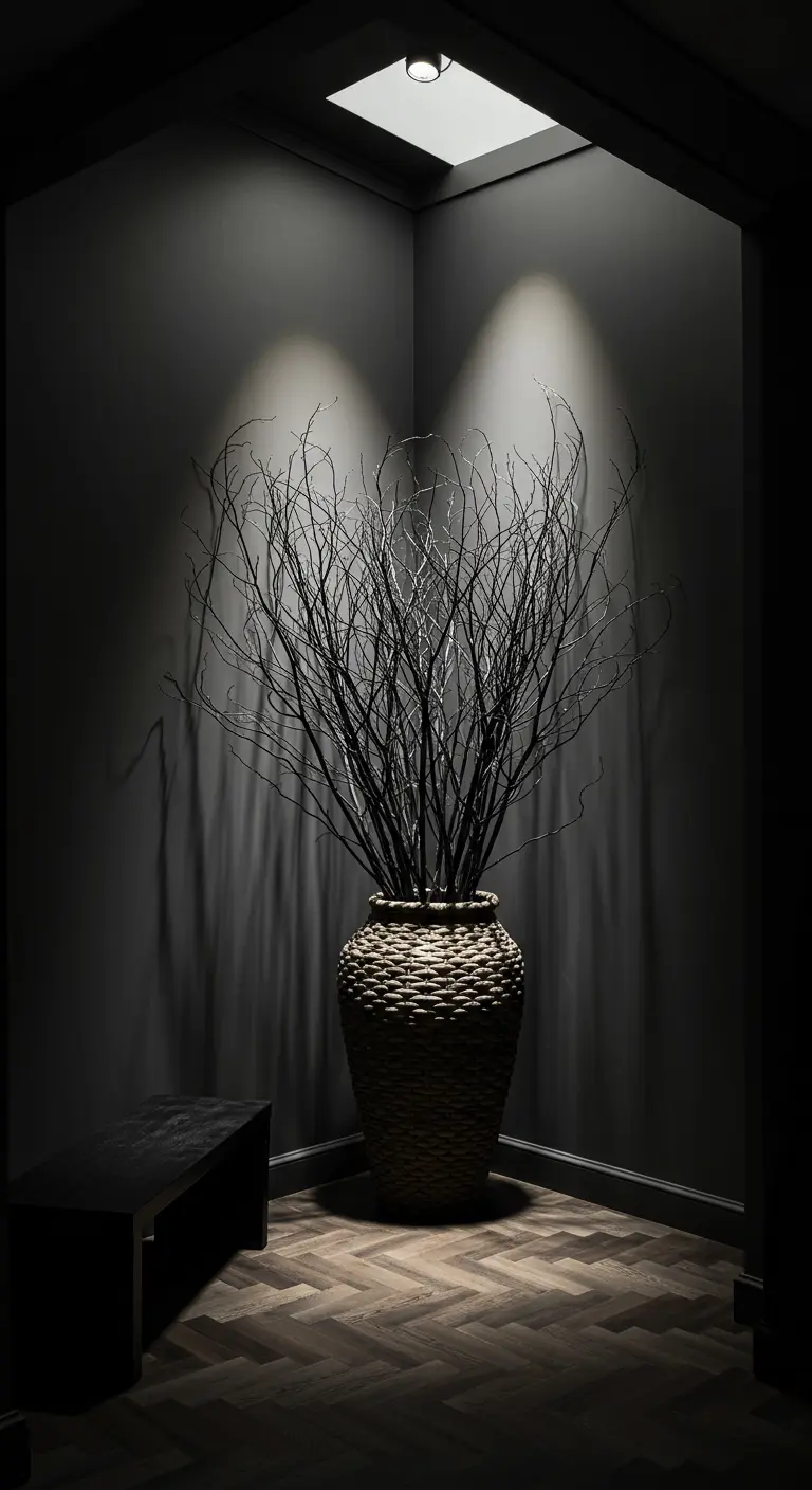 Esquina oscura con una cesta alta llena de ramas secas, iluminada por focos desde el techo.