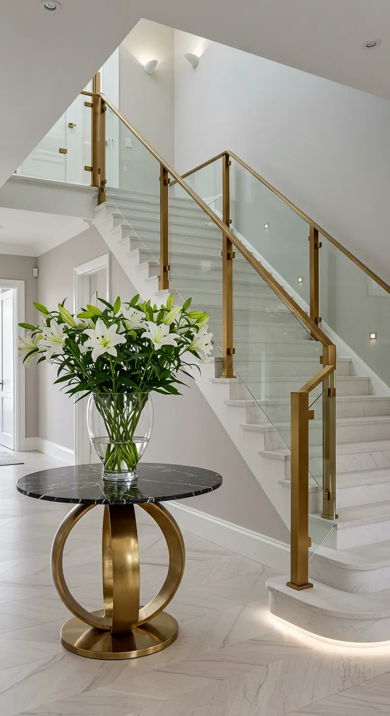Mesa redonda de mármol negro y base dorada con un gran jarrón de liliums blancos al pie de una escalera.