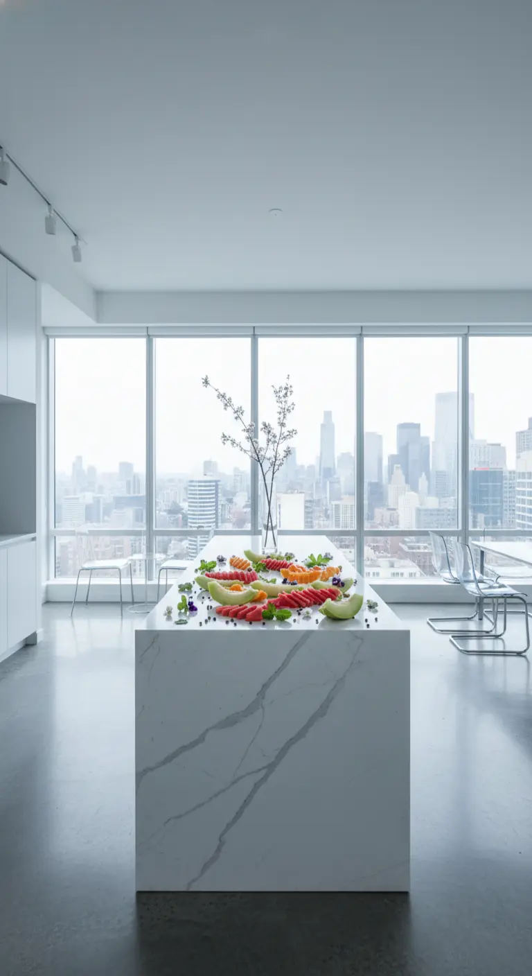 Isla de cocina de mármol con frutas cortadas en un apartamento con vistas a la ciudad.