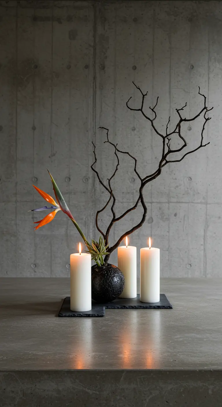 Arreglo minimalista con velas blancas, una rama seca y una flor de ave del paraíso.