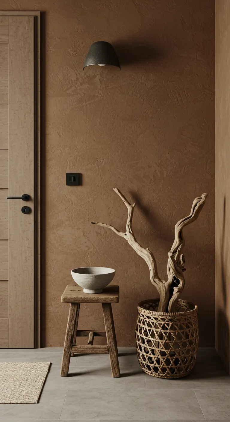 Rincón Wabi-sabi con una gran rama escultural en una cesta de mimbre y un taburete de madera.