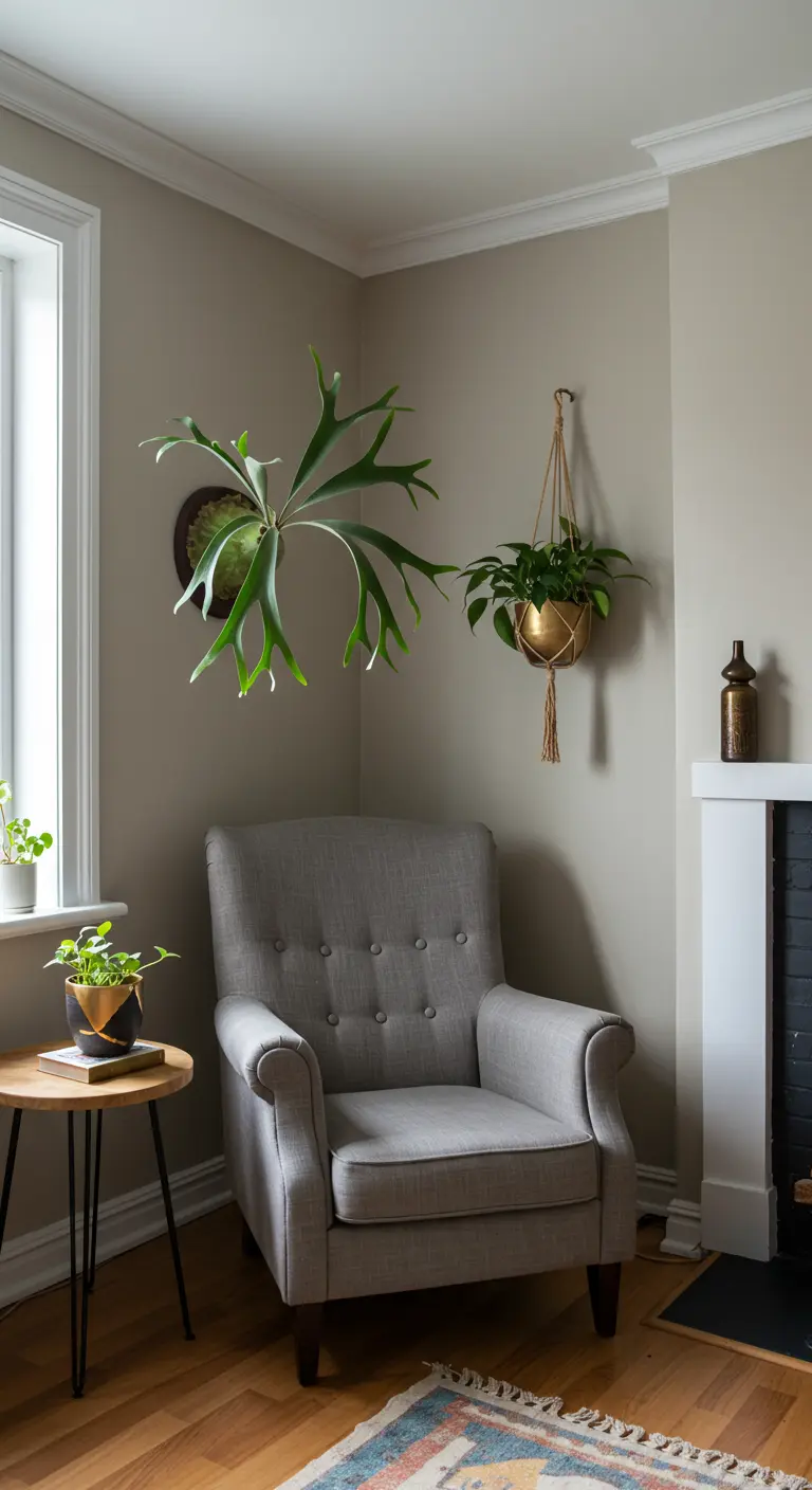 Un rincón de lectura con un sillón gris, un helecho cuerno de alce en la pared y una planta colgante