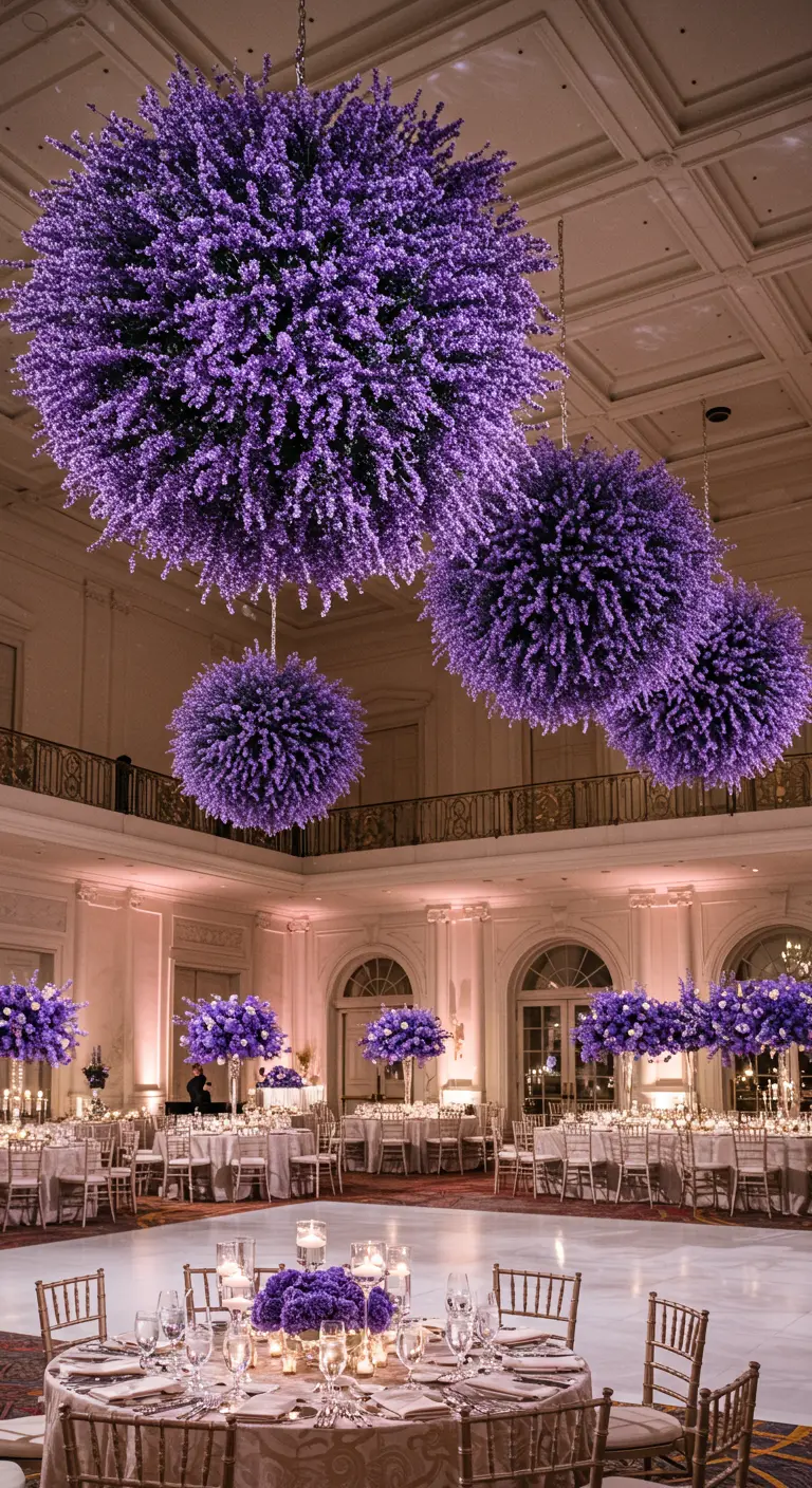 Elegante salón de baile con grandes esferas de flores de lavanda colgando del techo.