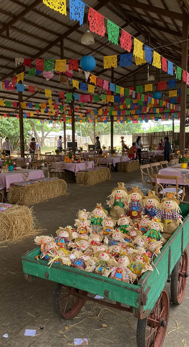 Muñecos de espantapájaros de tela en un carro de madera en una fiesta junina.