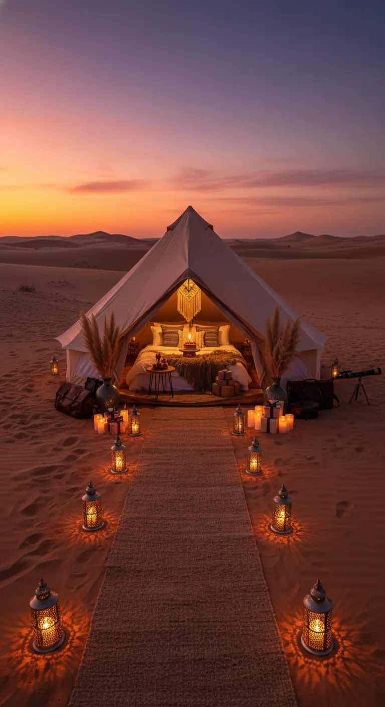 Un camino de farolillos marroquíes que conduce a una tienda de glamping en el desierto.