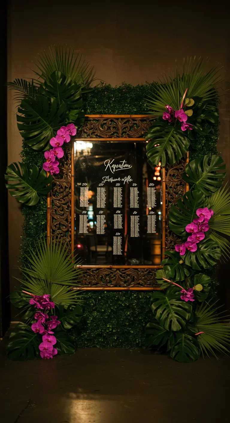 Espejo rectangular enmarcado por una exuberante decoración de hojas tropicales y orquídeas.