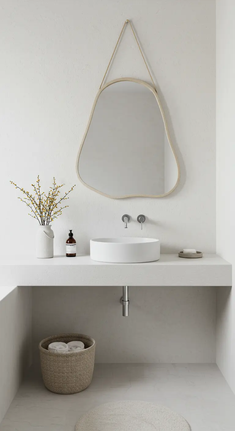 Baño minimalista con paredes texturizadas, lavabo de bol y un espejo de forma irregular colgado de una cuerda.