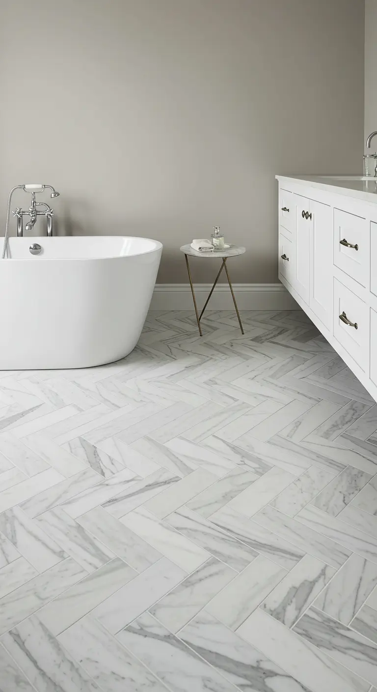 Baño con suelo de baldosas de mármol blanco dispuestas en patrón de espiga.