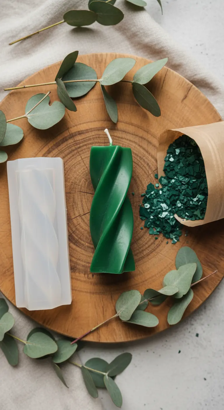 Vela casera verde con forma de espiral junto a su molde y rodeada de hojas de eucalipto