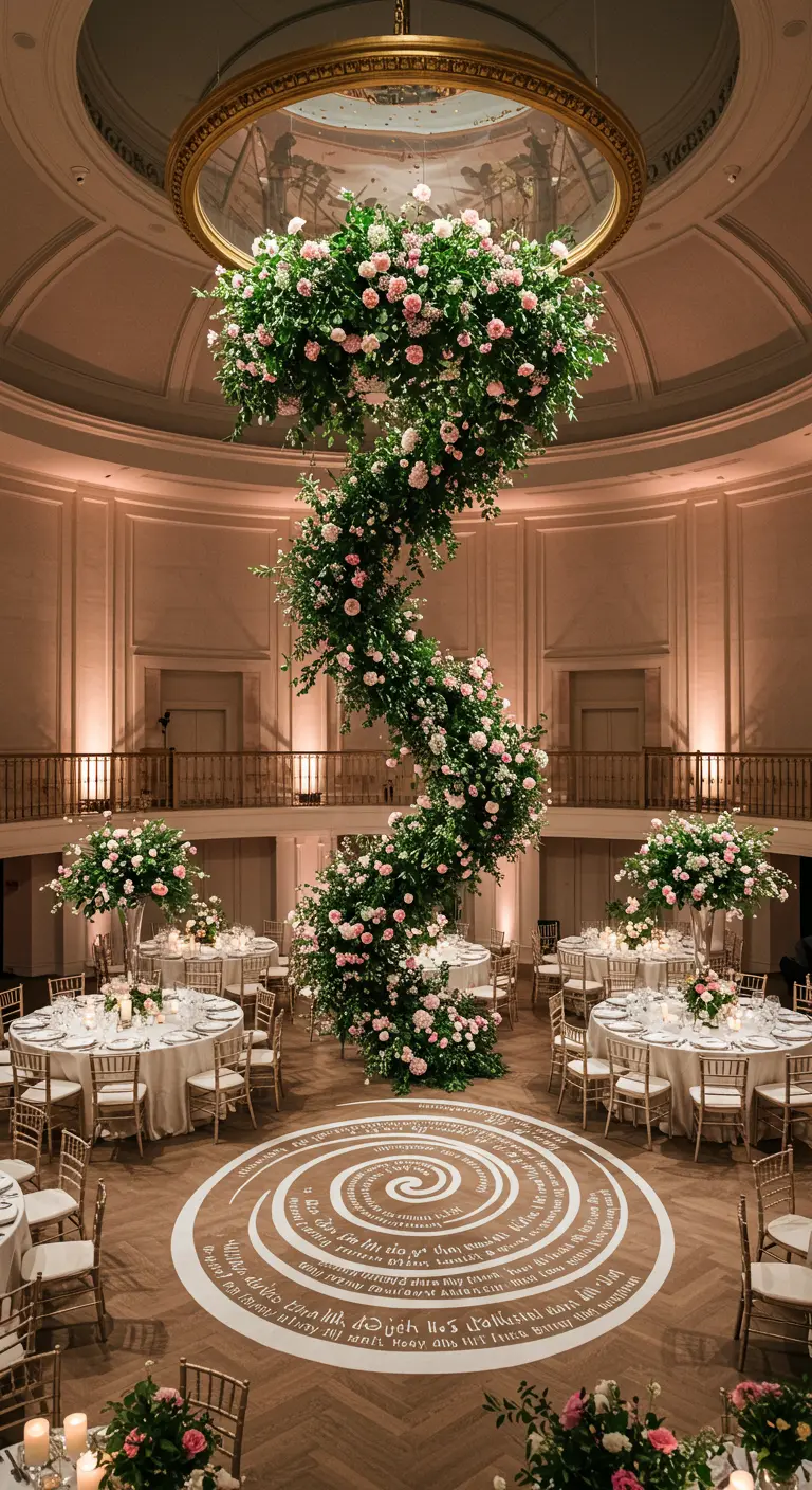 Pista de baile de madera con un seating plan en espiral escrito en caligrafía blanca.