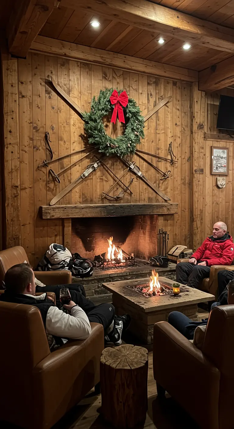 Corona de pino colgada sobre unos esquís antiguos cruzados encima de una chimenea rústica.