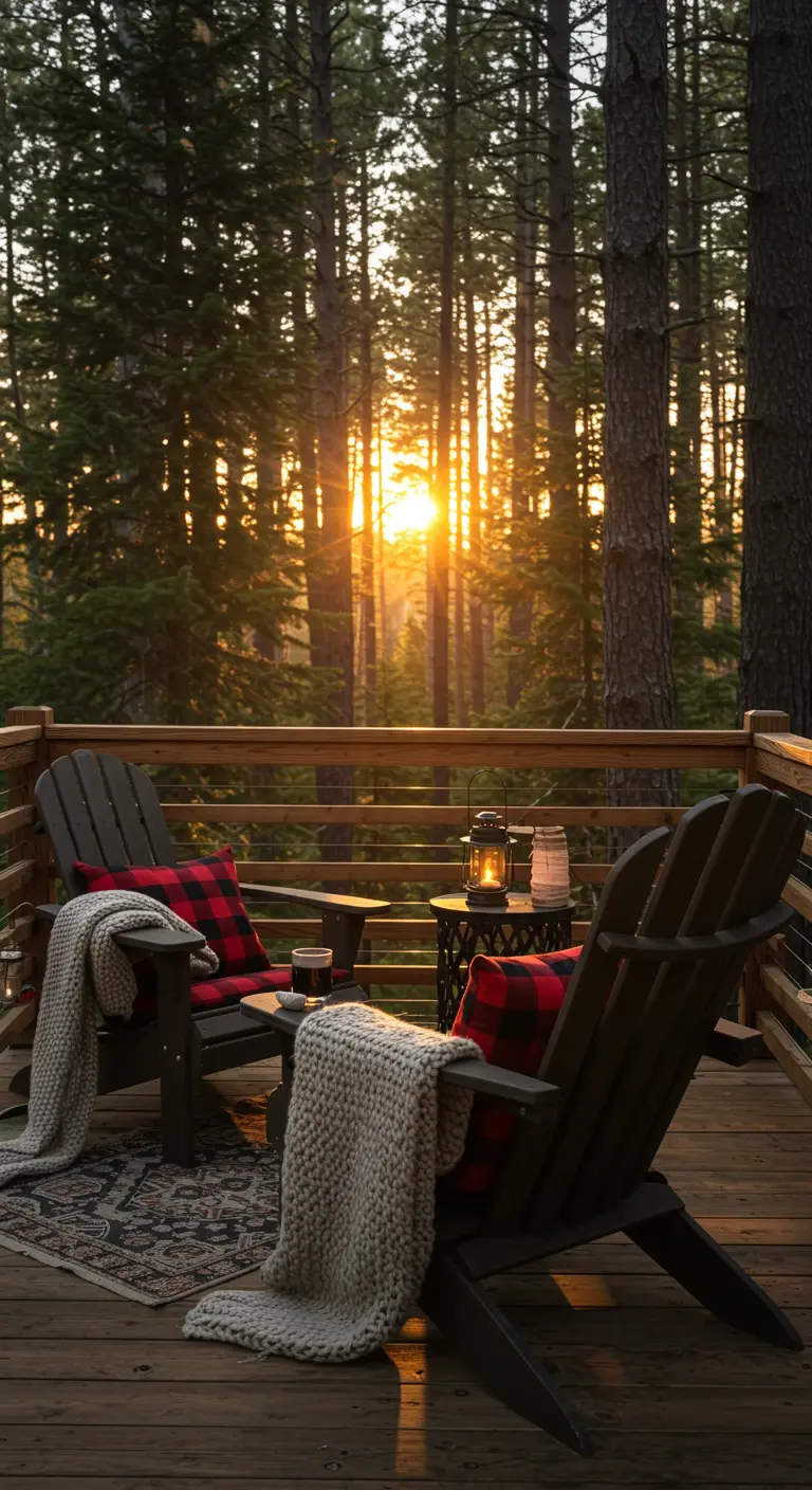 Terraza de madera en el bosque con sillas Adirondack, cojines de cuadros rojos y negros y mantas de lana.