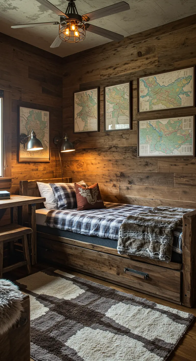 Cama nido de madera oscura en una habitación rústica con paredes de madera y mapas enmarcados.