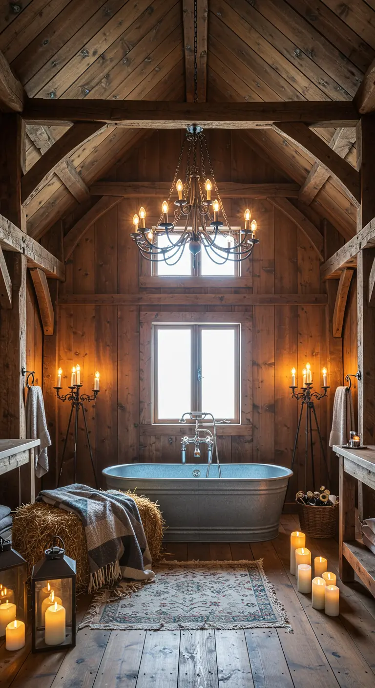 Baño rústico en un granero de madera con bañera de zinc, candelabros de forja y una manta de lana.