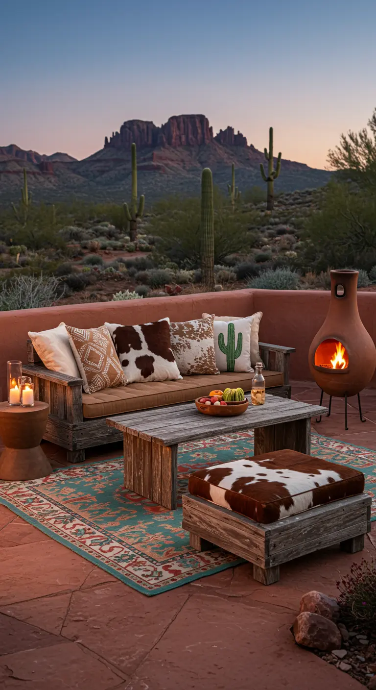 Patio estilo desierto con muebles de madera rústica, cojines de piel de vaca y una chimenea de barro