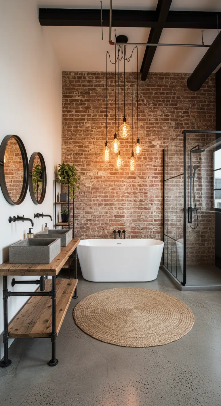 Baño de estilo industrial con pared de ladrillo visto, lavabos de cemento y lámparas colgantes