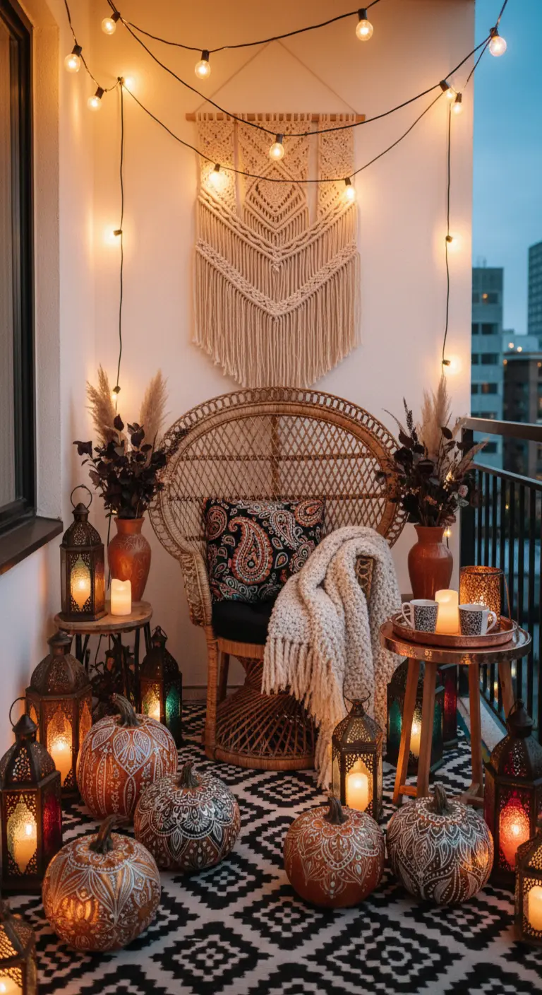 Balcón bohemio con calabazas pintadas con mandalas, macramé y farolillos marroquíes.