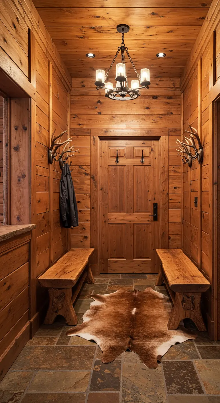 Entrada rústica estilo cabaña con paredes de madera, bancos robustos y percheros de astas