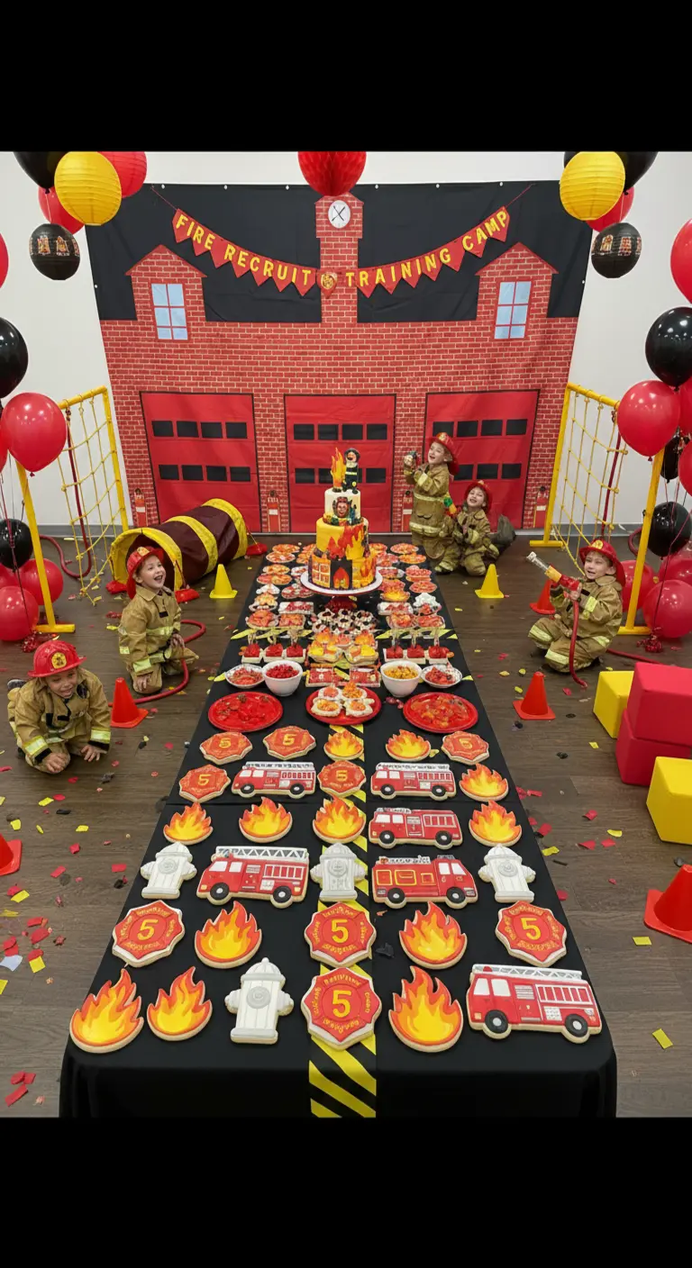 Fiesta de bomberos con un fondo de estación, conos y galletas de camiones y llamas.