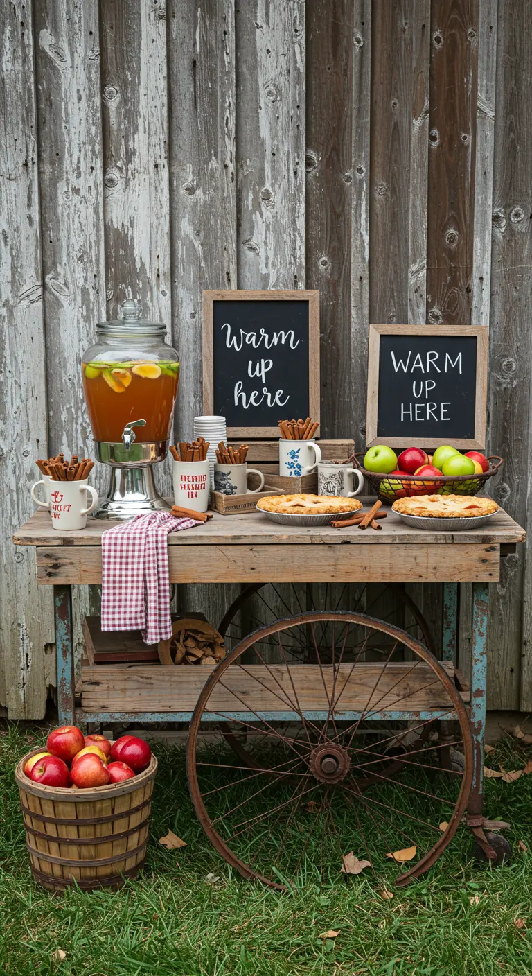 Puesto de bebidas otoñal con un dispensador de sidra, tartas de manzana y tazas rústicas.