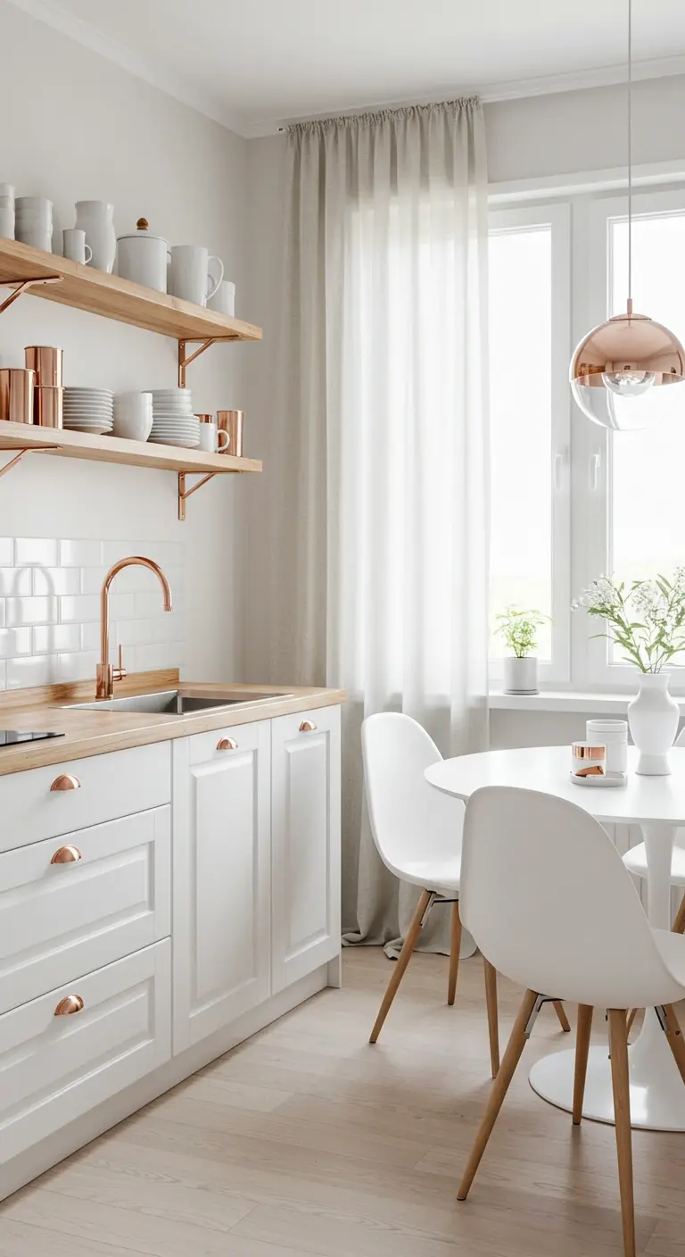 Cocina blanca con estanterías de madera y soportes de cobre, y vajilla blanca