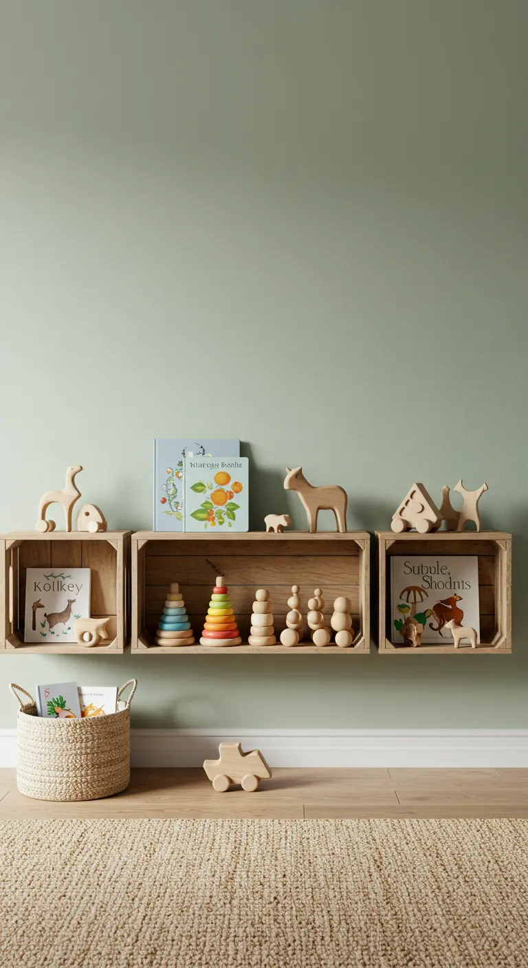 Tres cajas de madera natural como estanterías bajas en una habitación infantil de tonos neutros.