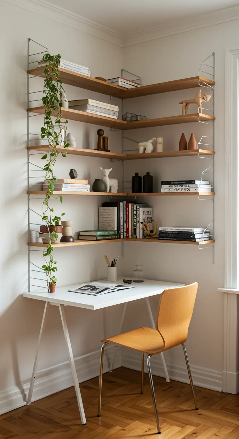 Oficina en esquina con un sistema de estanterías modulares de madera que aprovecha todo el espacio.