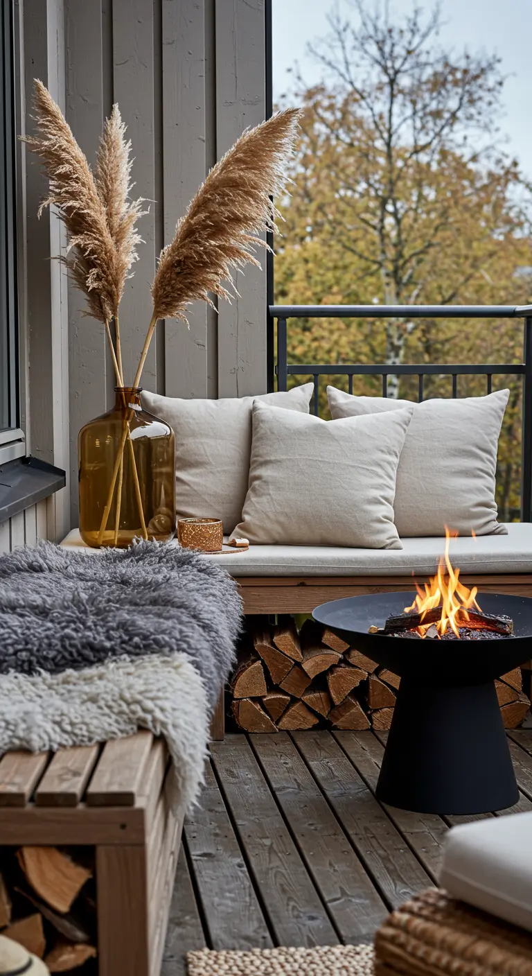 Balcón de estilo nórdico con mantas de piel, hierba de la pampa y un brasero.