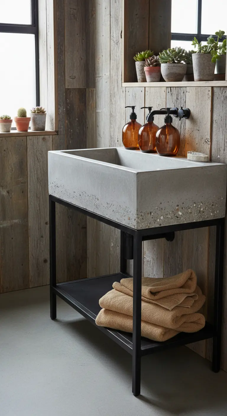 Lavabo de cemento sobre estructura de metal, con paredes de madera reciclada y dispensadores de jabón ámbar.