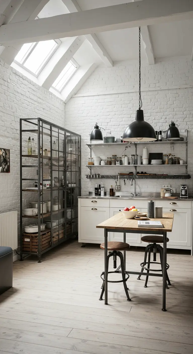 Cocina de estilo industrial con pared de ladrillo blanco y estanterías de metal.