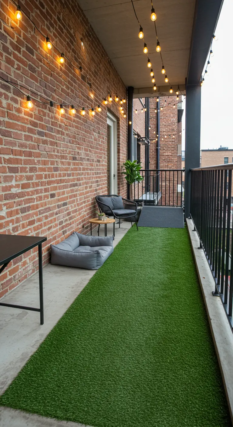 Balcón industrial con pared de ladrillo, muebles negros y una larga alfombra de césped artificial